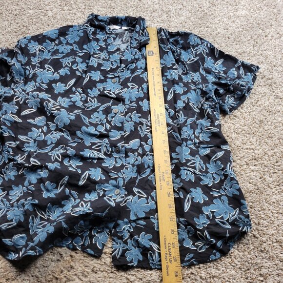 UNIQLO Shirt Women's XL Black Blue Floral Linen Blend Short-Sleeve Button Up - Picture 4 of 6